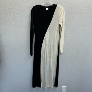 Iris & Ink Dress Women's Sz 8 Black Cream Colorblock Midi Long Sleeve Crew Neck